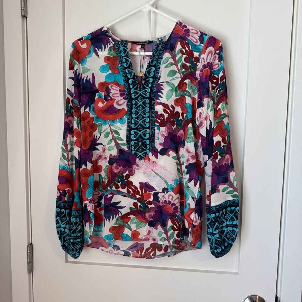 Kobi Halperin Libby Blouse XS Multi Floral 100% Silk Embroidered V-Neck KU0B50